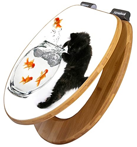 banjado Design WC Sitz Bambus Absenkautomatik 45,8x37,5cm / Toilettendeckel mit Absenkautomatik Holz/hochwertiger Bambus Klodeckel/WC-Sitz für gängigen Toiletten/Motiv Katze Und Fisch