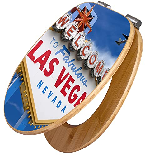banjado Design WC Sitz Bambus Absenkautomatik 45,8x37,5cm / Toilettendeckel mit Absenkautomatik Holz/hochwertiger Bambus Klodeckel/WC-Sitz für gängigen Toiletten/Motiv Las Vegas