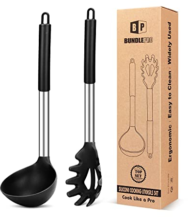 Silicone Pasta Fork and Ladle Spoon Set, Large Non Stick Kitchen Utensils for Cooking,Stirring,Serving Spaghetti, Soup, Sauce(Black)
