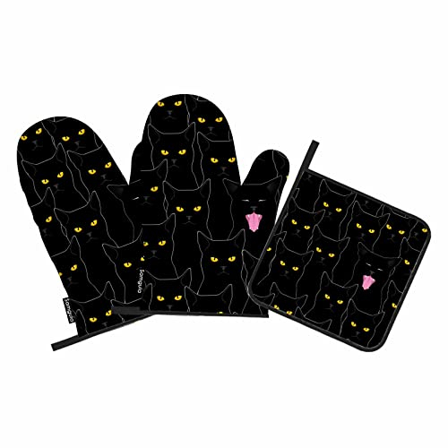 Samgula Schwarze Katzen-Ofenhandschuhe und Topflappen-Set, coole Tieraugen, hitzebeständig, 3 Stück zum Kochen, Backen, Grillen