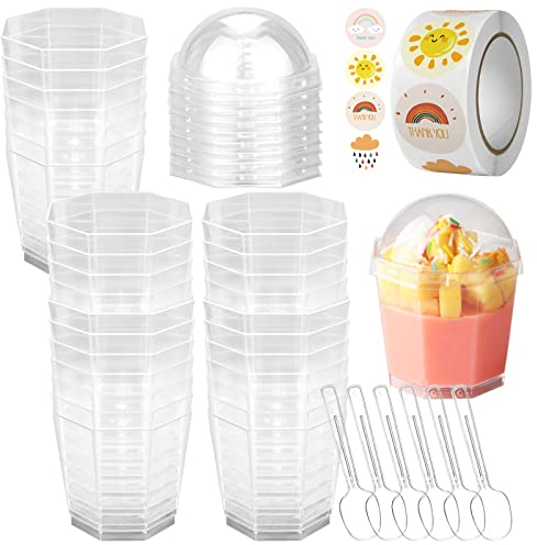 YancLife 50 Pcs Dessert Cups with Lids and Stickers, 5.5oz/160ml Reusable Plastic Dessert Pots, Clear Mini Cup Pudding Serving Octagonal Dessert Bowl for Wedding, Birthday Parties Cheesecake Desserts