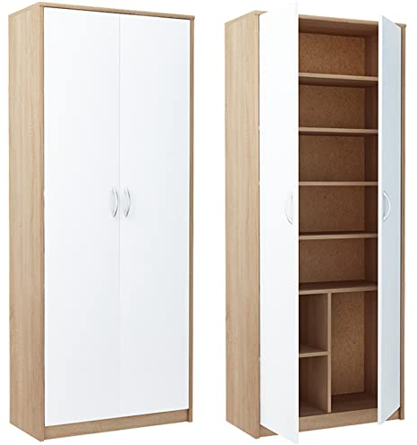 KUBUTKU Armoire pratique de 180 cm - 2 portes et 6 étagères - Armoire multifonctionnelle - Bureau/Domestique (blanc/sonoma) Massif R004
