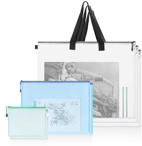 Glarks Ensemble de 7 sacs de portfolio d'art, 3 sacs transparents de 48,3 x 63,5 cm avec fermeture éclair et poignée et 4 pochettes maillées A3 A4 avec fermeture éclair pour fournitures d'art