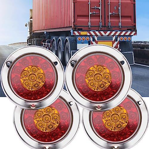 Ygmylandbb LED Feu de Freinage Feu, 4 pouces rondes 16 LED camion remorque arrêt de frein tourner feu arrière anneau chromé double couleur, 12V/24V Lot de 4
