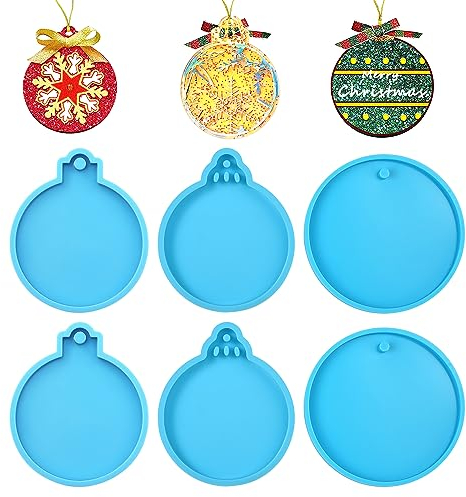 6pcs Moule en Résine de Noël, 3 Modèles Moule Pendentif Resine avec Trou Moules en Résine d'Ornement de Noël pour l'Artisanat de Bricolage la Fabrication de Bijoux (Bleu)