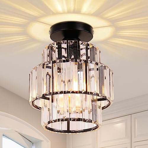 Cainjiazh Mini-Kronleuchter Double-Layers Crystal Kronleuchter Flush Mount Deckenleuchte Modern Kronleuchter Beleuchtung für Schlafzimmer Flur Bar Küche Bad (black)