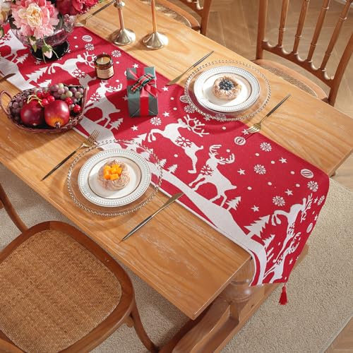 KAMEUN Tischläufer Weihnachten 35 x 180cm Abwaschbar Antifouling Polyester Weihnachtsläufer Esstisch Herzstück Tischsets Winter für winterliche weihnachtsdekoration(Rot)
