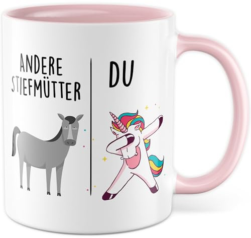 Tasse Stiefmutter Geschenk Andere Stiefmütter - Du, Kaffeetasse Stiefmama Geschenk für Frauen Ehe Hochzeit, Geschenkidee Frau Verlobung Geburtstag Weihnachten Kaffee-Becher (Weiß/Rosa)
