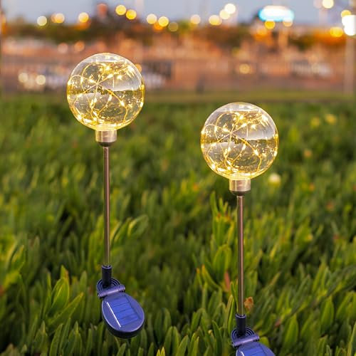 Liiisi 2 Unidades Globo de luz solar de alambre de cobre, Luces Solares Led Exterior Jardin, Ideal Iluminacion Exterior Solar Para Patio, Terraza, Caminos, Luz Calida 70x10cm