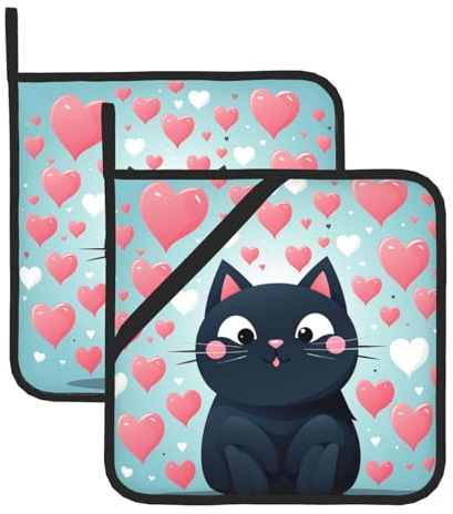 Set di 2 presine da cucina con stampa a forma di gatto a forma di cuore, resistenti al calore, con tasca, impermeabili, per cucinare forno, barbecue, inaugurazione della casa, regalo