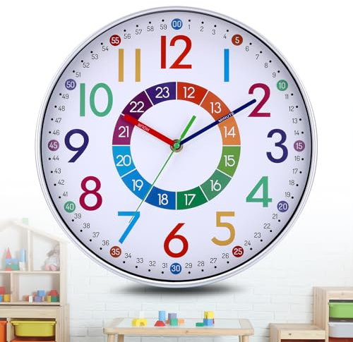 JIZZU Horloge Murale Apprentissage pour Enfants, Ø 30cm Pendule Murale Silencieuse Colorée avec 3D Chiffres Facile à Lire, Horloge Murale Digitale pour Ecole Chambre Enfant Salon