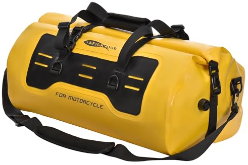 AFISHTOUR 40L wasserdichte Motorrad-Duffelbag – Motorrad-Gepäcktasche für den Rücksitz mit Befestigungsgurten – Rollverschluss-Drybag für Kajak, Rafting, Bootfahren, Camping, Reisen, Strand (Gelb)