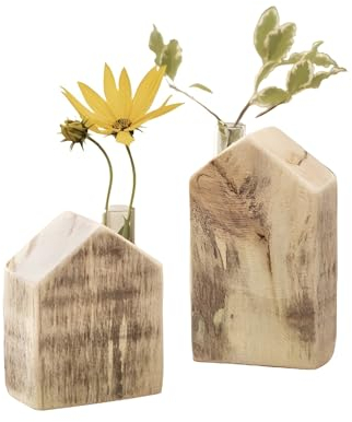 Dekoleidenschaft 2X Vase Häuschen aus Holz, geflammt, mit Reagenzglas für einzelne Blumen, Blumenvase, Reagenzglasständer, Holzhaus mit Glasvase, Deko-Häuschen mit Blumenröhrchen, Tischvase