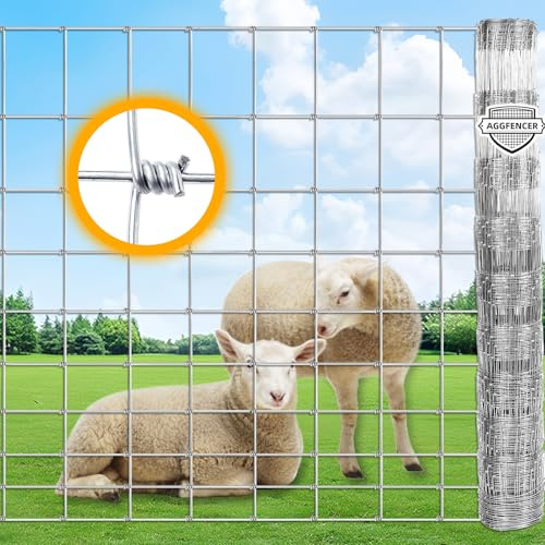 AggFencer 4ft x 104ft Galvanized Farm Fence, Fixed Knot Woven Wire Fence 16Ga, for Sheep Dog Panel Plant Garden Flower Bed and Field Protection
