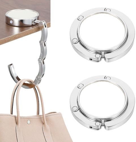 2 soportes plegables antideslizantes para bolsos de mano, soporte para bolsos de mesa, ganchos para colgar hasta 15 kg, gancho de metal plateado