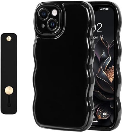NITITOP Kompatibel mit iPhone 13 Hülle Süßes Niedliche Wellen mit Ständer Handgelenkband für Frauen Mädchen Wellenform Unifarben Silikon Schlichte Handyhülle-Schwarz