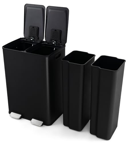 COSTWAY Mülleimer 2 Fächer, 2 x 30L Abfalleimer Küche, Tretmülleimer mit sanft schließendem Deckel, Mülltrennsystem inkl. 2 Desodorierungsfächer, aus Edelstahl und Kunststoff (Schwarz)