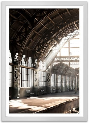 ARTFAVES® Poster - Bahnhofshalle | Wanddeko Wandbild Fotografie Vintage | mit Rahmen Weiss | 30 x 40 cm