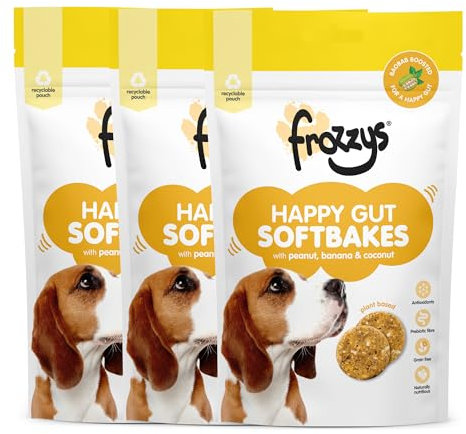Frozzys Happy Gut Softbakes Grain Free Dog Treats with Prebiotic Fibre & Antioxidants for Gut Health - Baobab Boosted Natural Low Fat Healthy Puppy Training Treats - Plant Based, 3 x 80g Pouches