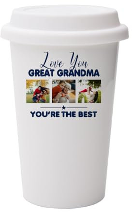Giftme Personalised Photo, Love You Great Grandma You’RE The Best, Wall Eco Insulated, White Ceramic Travel Mug, with White Lid.
