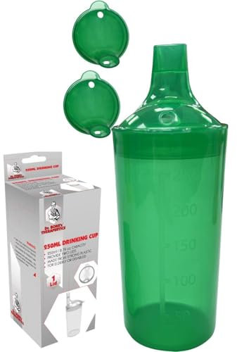 Plastic Feeding Cup with 2 Lids Adult Feeder Beaker with Large & Small Spouts, Straw Holes – Ideal for Liquids & Blended Foods – Easy to Hold, Spill-Resistant, Perfect for Home & Hospital Use (Green)