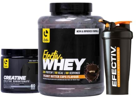 EFECTIV Protein Bundle - 1.8kg Protein Powder, 300g Creatine Monohydrate & Shaker Bottle - 22g Protein Per Serving, Supports Recovery, Whey Nutrition Protein (1.8kg, Peanut Butter Cups)