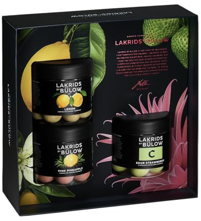 LAKRIDS BY BÜLOW - 375g Geschenkbox - Lemon + Pink Pineapple + Sour Strawberry - Dänische Gourmet Lakritze umhüllt von Schokolade in edler Geschenkbox