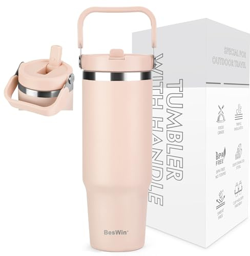 BesWin 30oz Tumbler with Handle and Straw, Double-Walled Leak-Proof Drinking Water Bottle for Cold or Hot Drinks, Gifts for Women & Men, Rose Quartz