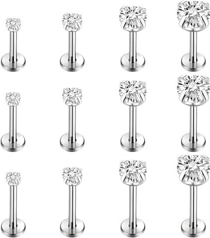 12Pcs Silver Tragus Piercing Jewellery, Lip Piercing Jewellery, Tiny Nose Stud, Tragus Earrings Helix Piercing Jewellerys 6MM 8MM 10MM Suitable for Helix Earring and Cartilage Piercing