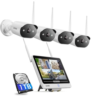 ZOSI 2K Wireless CCTV Camera System & 12 LCD-Monitor, 4Pcs Wi-Fi 6 Camera | 8CH NVR CCTV Camera System 1TB HDD, Human Detection, Color Night Vision, Spotlights and Siren, 2-Way Audio, No Monthly Fees