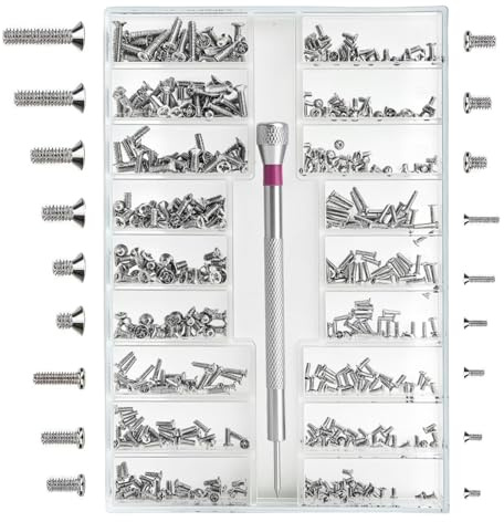 Kit de 500 petites vis inox, visserie de précision pour lunettes en 18 tailles (M1.2–M2),en acier inoxydable pour lunettes, kit de pour PC, mini boîte de réparation de vis