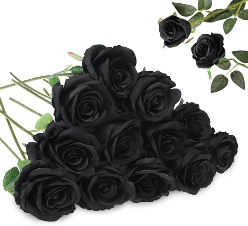 RQcMid 12 Stück Schwarz Rosen Künstlich, Dark Romance Deko, Single Stem Schwarze, Natürliche Und Schöne Fake Rose Bouquet, Kunstblumen Schwarz Für Hochzeit, Party, Wohnzimmer, DIY Handarbeiten