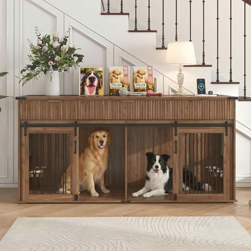 Caisse double d'intérieur de 180 cm avec 3 tiroirs de rangement, meuble de ferme pour 2 chiens, niche en bois avec prise de courant, table décorative pour chien (marron foncé)