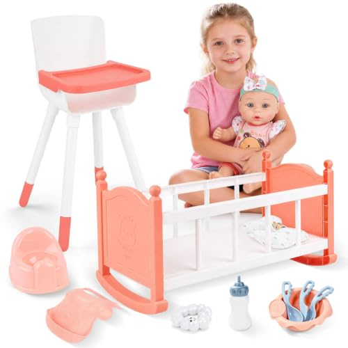 deAO Baby Puppen Spielzeug Set mit 12” Puppe, Puppenbett, Hochstuhl, Rosa | Puppenzubehör Puppenkleidung Spielzeug Mädchen, Babypuppe Fütterung und Pflege Set, Rollenspiel Geschenke Kinder ab 3 Jahren