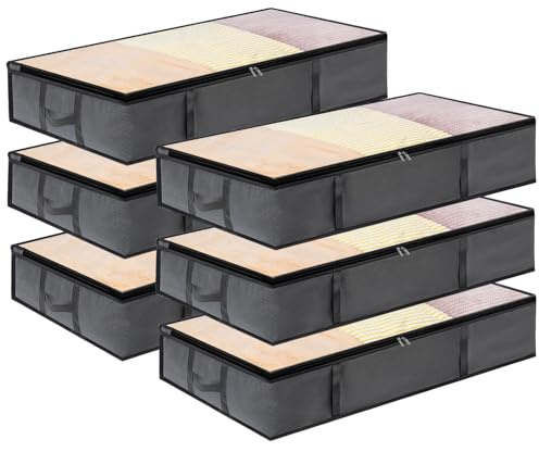 6 Stück 90L Unterbett Aufbewahrungsbox mit Deckel, Unterbett Aufbewahrung | Faltbar, Atmungsaktives Vlies, Transparentes PVC-Fenster, Verstärkte Griffe, 2-Wege-Reißverschluss, Für Bettwäsche, Kleidung