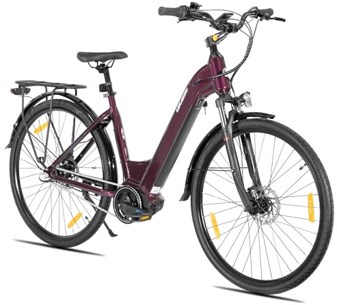 HILAND Overstreet Damen E-Bike 28 Zoll, Elektrofahrrad mit 250W Motor & 10,4Ah Akku, Aluminiumrahmen, Hydraulische Scheibenbremsen, 3-Gang Nabenschaltung, City Trekking E-Bike, Lila