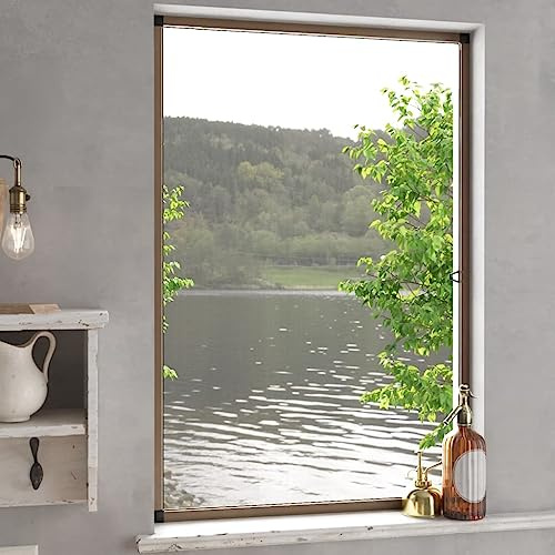 sephironlbb Finestra marrone, 80 x 120 cm, telaio in alluminio con rete in fibra di vetro ritagliabile, montaggio senza fori, zanzariera per camera da letto, soggiorno, balcone e cucina