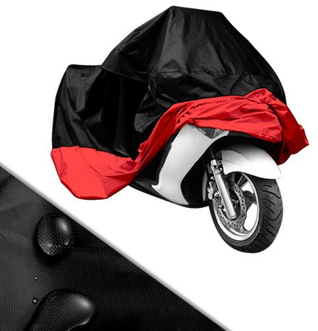 AKORD Motorcycle Waterproof UV Protective Cover with Carry Bag, Black/Red, Size XL