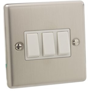 British General Stainless Steel 10A Triple 3 Gang 2-Way Push Button Switch Silver