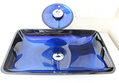 chicstyleme Juego de lavabo y grifo de baño (largo x ancho x alto): 28 x 16,5 x 16 cm, lavabo cuadrado, lavabo moderno con grifo mezclador, juego de lavabo de cristal, color azul