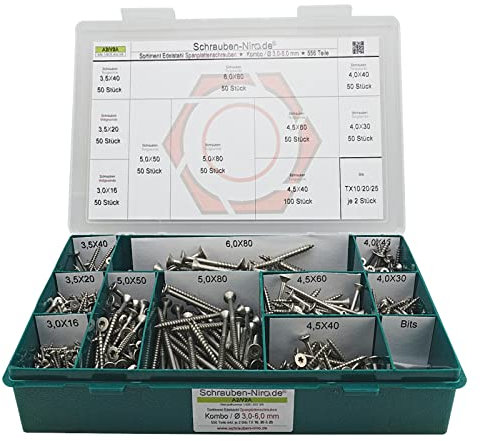 Sortiment Edelstahl Schrauben A2 Durchmesser 3,0 bis 6,0 mm, 556 Teile ; Holzschrauben/Spanplattenschrauben mit verstärktem Kopf; Material: VA V2A