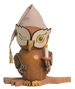 Drechslerei Kuhnert - Rauchfigur/Räucherfigur - Eule Schlafmütze aus Massivholz - ca. 15 cm - Made in Germany