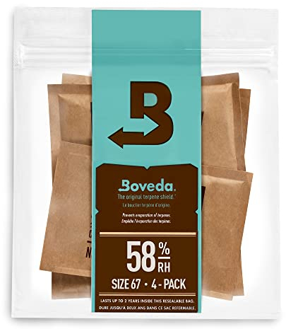 Boveda zur Aufbewahrung von Kräutern | 2-Wege-Feuchtigkeitsregulierung mit 58% relativer Feuchtigkeit | Größe 67 schützt bis zu 450 g Blüten | verhindert den Verlust von Terpenen | 4 Stück