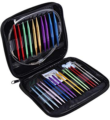 Circular Knitting Needle Kit, Akozon 1 Set Interchangeable Knitting Metal Needles Set 13 Sizes 2.75mm-10mm with Zipper Storage Case