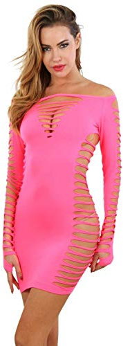 MISS NOIR Sexy Robe Résille Femme, Èlastique et Flexible, Taille Unique, Robe Clubwear à Manches Longues, Rose (B6043-CO), Taille Unique