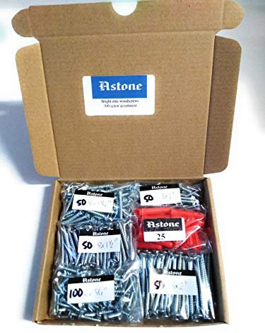 Astone bright zinc wood screws letterbox packs 6 x 3/4 inch, 6 x 1, 8 x 1.1/4, 8 x 1.1/2, 8 x 2 (300 screw assortment)