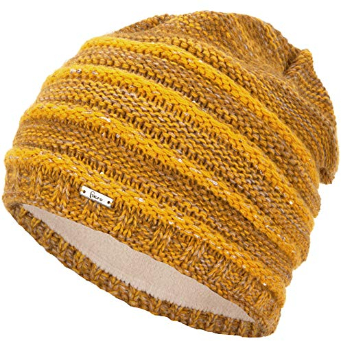 Faera Wintermütze warm gefütterte Winter-Mütze Fleece-Futter Winter Strick-Mütze Beanie-Mütze Damen Herren One-Size, Farbe:Senf