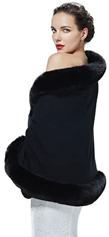 BEAUTELICATE Kunstpelz Stola Schal Damen Strick Bolero Poncho Cape für Hochzeit Abend Braut Frauen Brautschal Brautstola (Schwarz, Einheitsgröße)