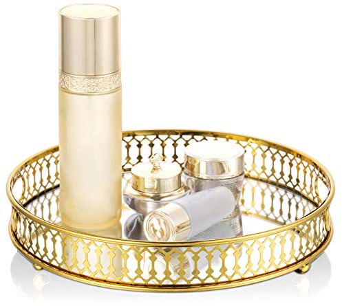 Nuptio Vassoio a Specchio Profumo Oro - Vassoio Decorativo Cerchio Vetro a Specchio Tavolo Toeletta Rotondo Metallo Metallo Vassoi Vintage Comò Vanity Bagno Camera Letto Arredamento Estetico, 25cm