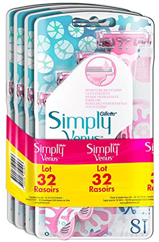Gillette Simply Venus 3 Rasoirs Jetables Femme Bande Hydratante Enrichie, Lot de 32 (4 x 8) Pour un Rasage de près en Douceur [OFFICIEL]